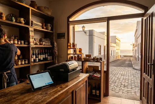 Interior de un comercio canario al atardecer, con una tablet sobre el mostrador