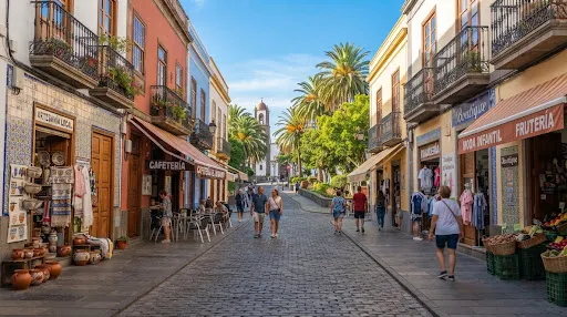 Calle comercial peatonal de una ciudad canaria con toldos y escaparates