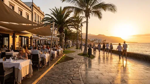 Paseo marítimo con terrazas de restaurante al atardecer